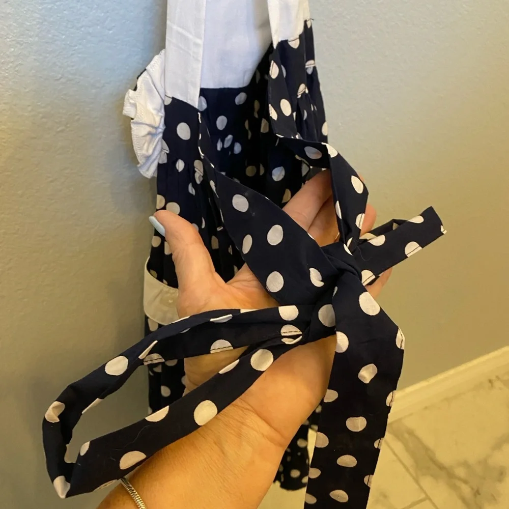 Sur La Table Apron Dotty Bow Blue White Full Apron with Pockets & Pot Holder